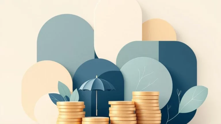 Stapels munten onder beschermende paraplu in zachte marineblauw en beige tinten, symboliseert financiële zekerheid