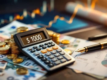 Calculator toont €1000 naast gestapelde eurobankbiljetten, gouden munten en financiële documenten met stijgende grafiek