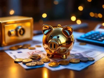 Gouden spaarvarken met euro bankbiljetten en munten op houten bureau met calculator en financiële documenten