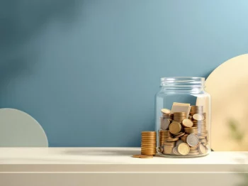 Glazen pot met georganiseerde muntstapels en documentmap op blauwe achtergrond, symbool voor gereserveerd kapitaal