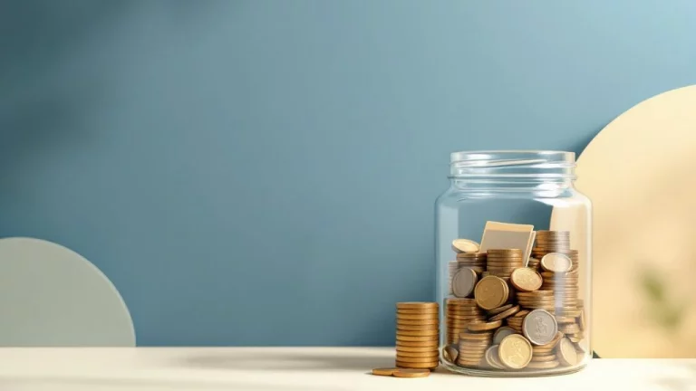 Glazen pot met georganiseerde muntstapels en documentmap op blauwe achtergrond, symbool voor gereserveerd kapitaal