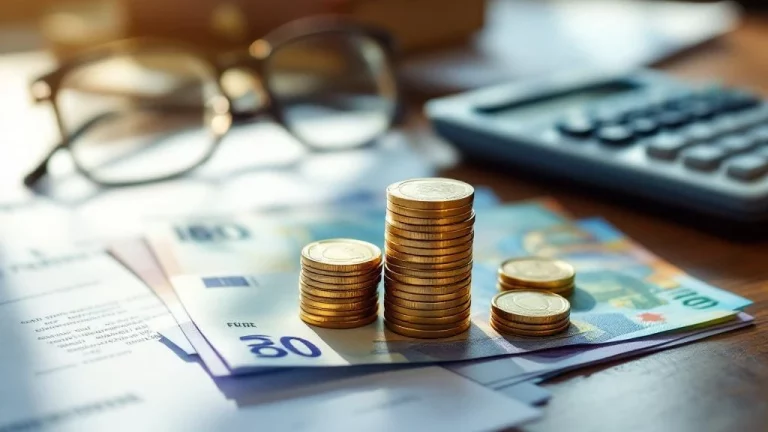 Stapel gouden munten en eurobiljetten op houten bureau met pensioenplanningsdocumenten en rekenmachine