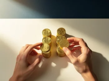 Gouden munten worden zorgvuldig in twee gelijke stapels verdeeld op een crème bureau met zachte verlichting