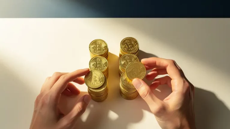 Gouden munten worden zorgvuldig in twee gelijke stapels verdeeld op een crème bureau met zachte verlichting