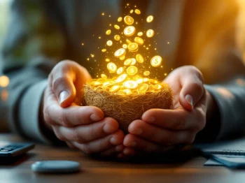 Handen houden gouden ei dat openkraak met gloeiende munten en investeringssymbolen in warm kantoor met financiële documenten