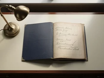 Vintage leren grootboek geopend op mahonie bureau naast messing bureaulamp, handgeschreven data zichtbaar op vergeelde pagina's