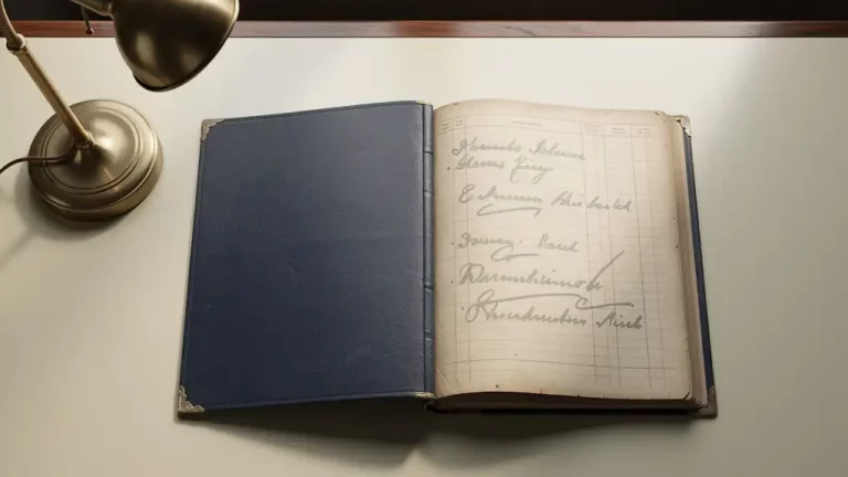 Vintage leren grootboek geopend op mahonie bureau naast messing bureaulamp, handgeschreven data zichtbaar op vergeelde pagina's