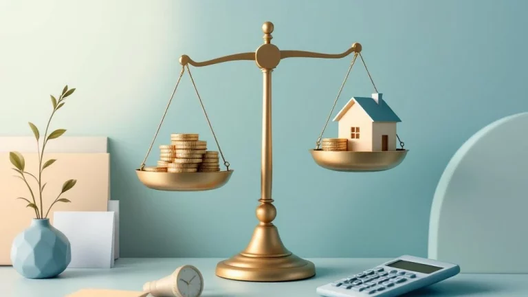 Weegschaal met munten en huissymbool naast calculator en documenten voor financiële beoordeling huizenvoordelen