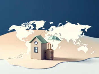 Miniatuurhuis met koffer op wereldkaart onder beschermende paraplu, illustratie voor internationale verhuizing