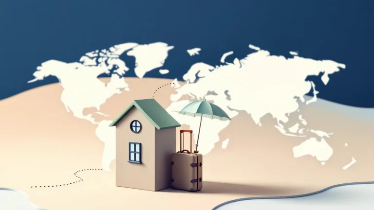 Miniatuurhuis met koffer op wereldkaart onder beschermende paraplu, illustratie voor internationale verhuizing