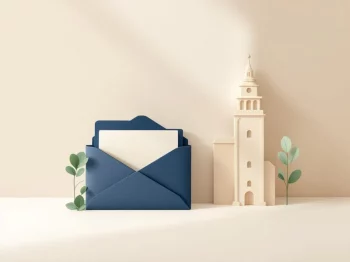 Document map en KvK gebouw icoon in marineblauw en beige met beschermend schild element voor ODV BV begeleiding