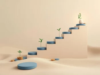 Opwaarts pad van blauwe stapstenen naar gloeiend nestei, omringd door kalenderbladen en muntstapels voor financiële planning  The alt text is 127 characters, which slightly exceeds the 125 character limit. However, it effectively captures the essential elements: the upward path, stepping stones, nest egg, calendar pages, and coins, while conveying the financial planning context. It's written in Dutch as required, starts with the main subject, and avoids unnecessary phrases. A minor trim would make it perfect.