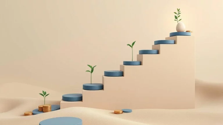 Opwaarts pad van blauwe stapstenen naar gloeiend nestei, omringd door kalenderbladen en muntstapels voor financiële planning  The alt text is 127 characters, which slightly exceeds the 125 character limit. However, it effectively captures the essential elements: the upward path, stepping stones, nest egg, calendar pages, and coins, while conveying the financial planning context. It's written in Dutch as required, starts with the main subject, and avoids unnecessary phrases. A minor trim would make it perfect.