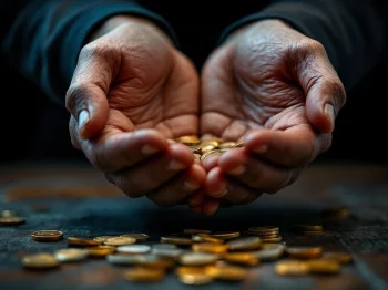 Lege, gekuifde handen boven verspreide euromunten en -biljetten op houten oppervlak, dramatische belichting