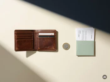 Versleten open leren portemonnee bijna leeg naast een euromunt en stapel administratieve documenten op cremekleurig bureau.