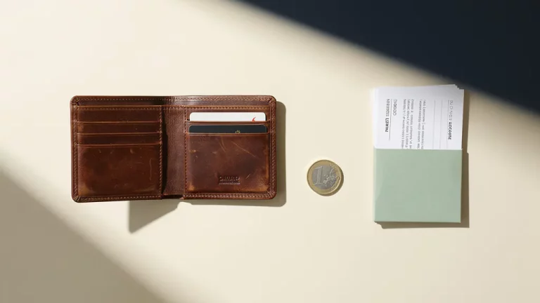 Versleten open leren portemonnee bijna leeg naast een euromunt en stapel administratieve documenten op cremekleurig bureau.