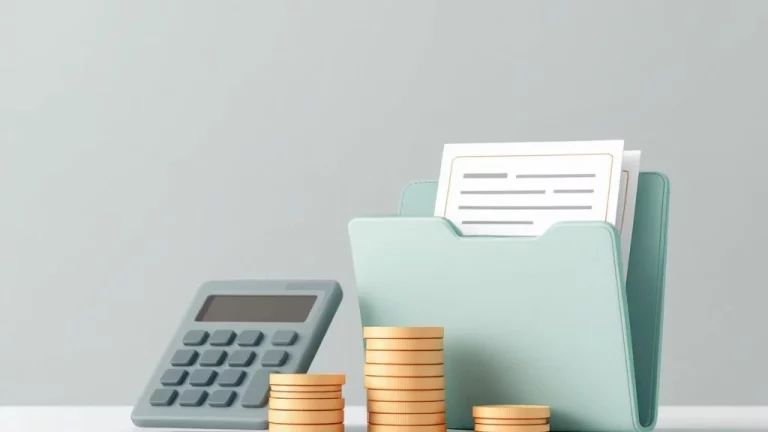 Professionele illustratie van calculator, gestapelde munten en documenten voor lijfrente berekeningen en pensioenplanning