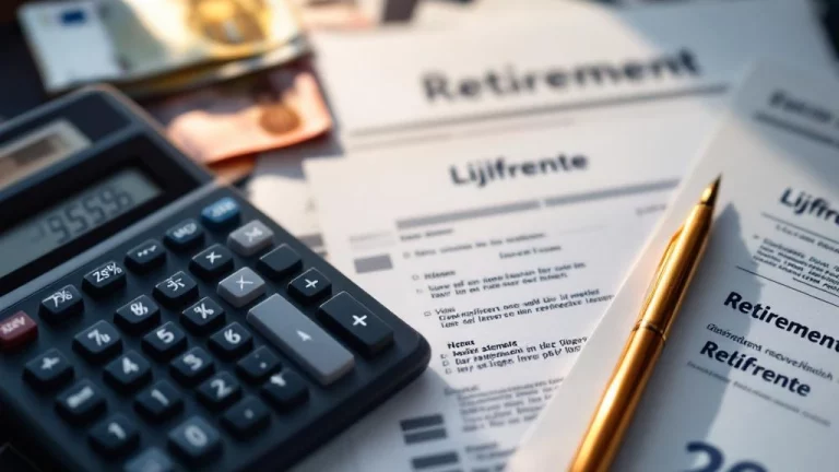 Calculator met percentagesymbolen op bureau met Nederlandse belastingdocumenten, eurobiljetten en lijfrente-formulieren