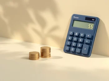 Rekenmachine met pensioencijfers naast gestapelde munten en documenten op crème achtergrond voor lijfrente berekening
