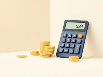 Elegante calculator naast stapel gouden munten en pensioensymbool in zachte navy, beige en groentinten