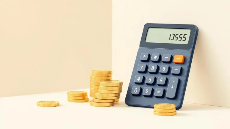 Elegante calculator naast stapel gouden munten en pensioensymbool in zachte navy, beige en groentinten