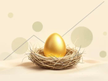 Gouden nestei in beschermend nest met blauwe groeilijnen en groene accenten op crème achtergrond