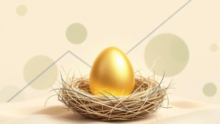 Gouden nestei in beschermend nest met blauwe groeilijnen en groene accenten op crème achtergrond