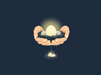 Twee beschermende handen ondersteunen gloeiende nesteieren, verbonden door lijn die levenslange uitkering symboliseert