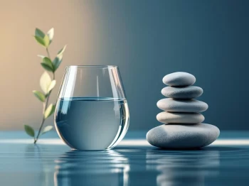 Glazen vaas met water naast gestapelde stenen op blauwe achtergrond, symboliseert financiële stabiliteit en liquiditeit.