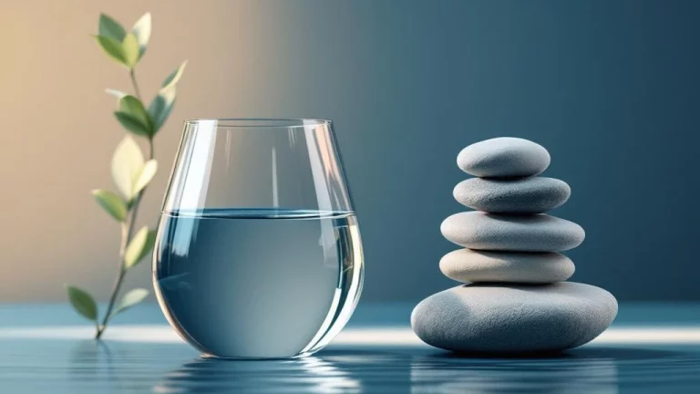 Glazen vaas met water naast gestapelde stenen op blauwe achtergrond, symboliseert financiële stabiliteit en liquiditeit.