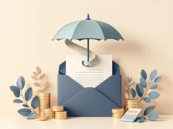 Documentmap met betalingslinten die een beschermende paraplu vormen in navy en beige tinten voor financiële zekerheid