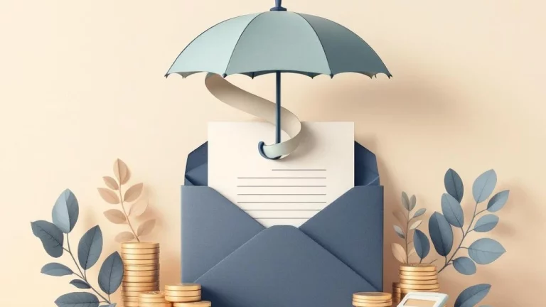Documentmap met betalingslinten die een beschermende paraplu vormen in navy en beige tinten voor financiële zekerheid
