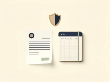 Loonstrook en persoonlijk kasboek naast een beschermend schildje op een minimalistische bureauondergrond in marineblauw en zandtinten.