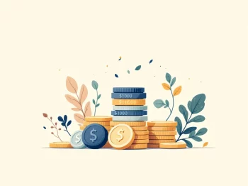 Professionele illustratie van muntstapel die transformeert naar maandelijkse betalingsstromen van €1000 in zachte marineblauw en beige tinten