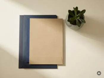 Nette stapel documentmappen op een crèmekleurig bureau met saliegroen plantje en zachte geometrische schaduwen.