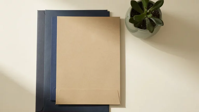 Nette stapel documentmappen op een crèmekleurig bureau met saliegroen plantje en zachte geometrische schaduwen.