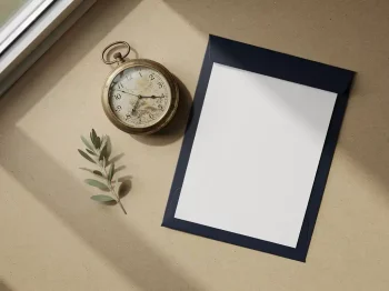 Verweerde messing klok naast een documentmap op een zandkleurig bureau, met een salie groene planttak en zacht diffuus licht.