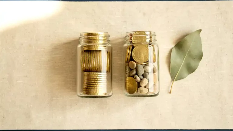 Twee glazen potjes met goudkleurige munten op linnen ondergrond, één pot gemengd met kiezelstenen als symbool voor passief beleggen.