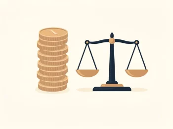 Gestapelde munten naast een weegschaal op een crèmekleurig bureau, symboliseert financiële balans en eerlijke verdeling.