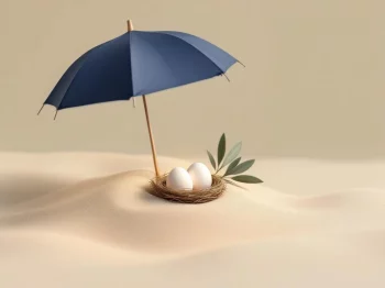 Blauwe paraplu beschermt twee eieren in nest op zand met olijftak, symbool voor financiële zekerheid en bescherming