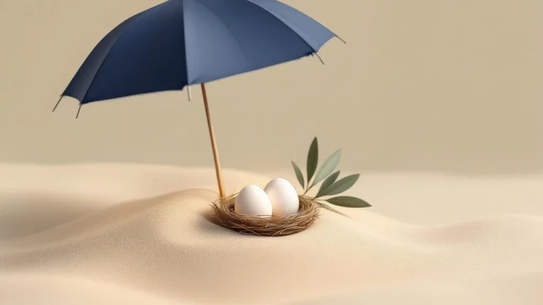Blauwe paraplu beschermt twee eieren in nest op zand met olijftak, symbool voor financiële zekerheid en bescherming