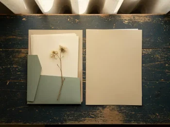 Twee documentmappen op een verweerd houten bureau met een gedroogde bloem, zacht middaglicht en rustgevende minimalistische sfeer.