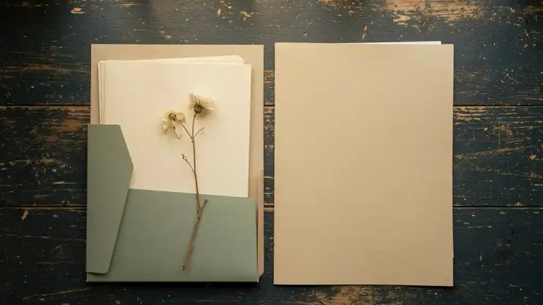 Twee documentmappen op een verweerd houten bureau met een gedroogde bloem, zacht middaglicht en rustgevende minimalistische sfeer.