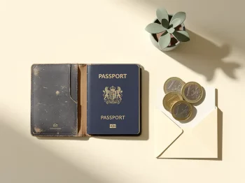 Opengeslagen Nederlands paspoort op een crème bureau met euromunten en een gevouwen document, minimalistische bovenaanzicht compositie.