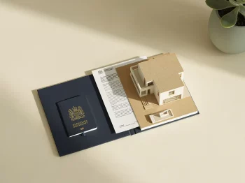 Open Nederlands paspoort op bureau naast miniatuur huismodel en gevouwen juridisch document, minimalistisch bovenaanzicht.