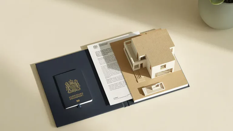 Open Nederlands paspoort op bureau naast miniatuur huismodel en gevouwen juridisch document, minimalistisch bovenaanzicht.