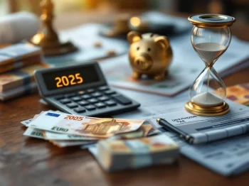Houten bureau met rekenmachine die "2025" toont, eurobankbiljetten, Nederlandse belastingdocumenten en gouden spaarvarken