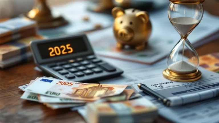 Houten bureau met rekenmachine die "2025" toont, eurobankbiljetten, Nederlandse belastingdocumenten en gouden spaarvarken