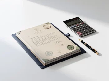 Nederlandse officiële documenten met stempels op wit bureau, rekenmachine en vulpen ernaast in professionele setting
