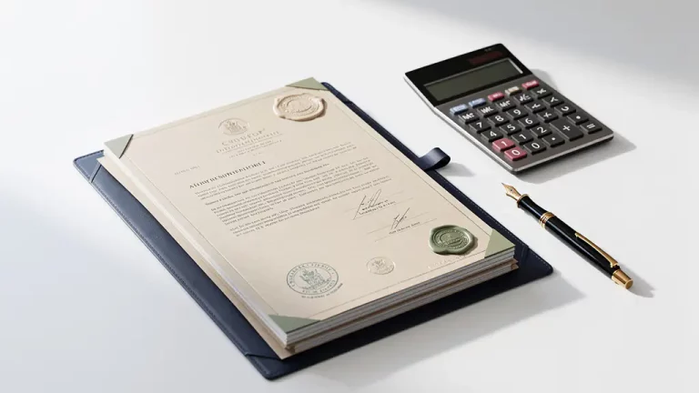 Nederlandse officiële documenten met stempels op wit bureau, rekenmachine en vulpen ernaast in professionele setting